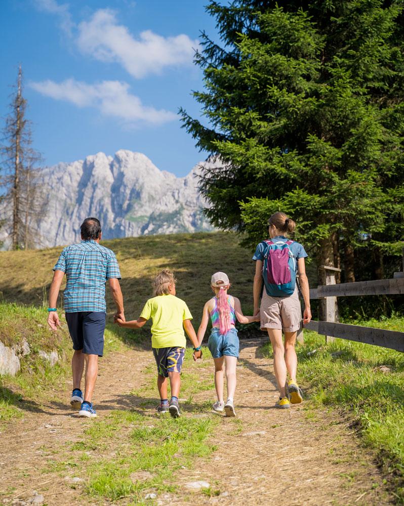 Famiglia cammina in montagna su sentiero soleggiato.